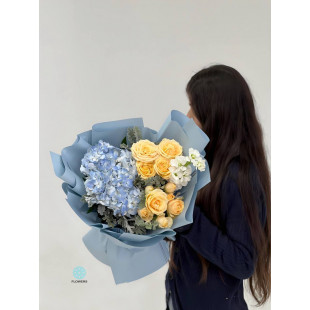 Yellow Roses with Blue Hydrangeas