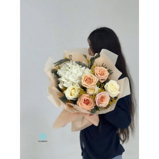 White & Peach Rose Hydrangea Bouquet