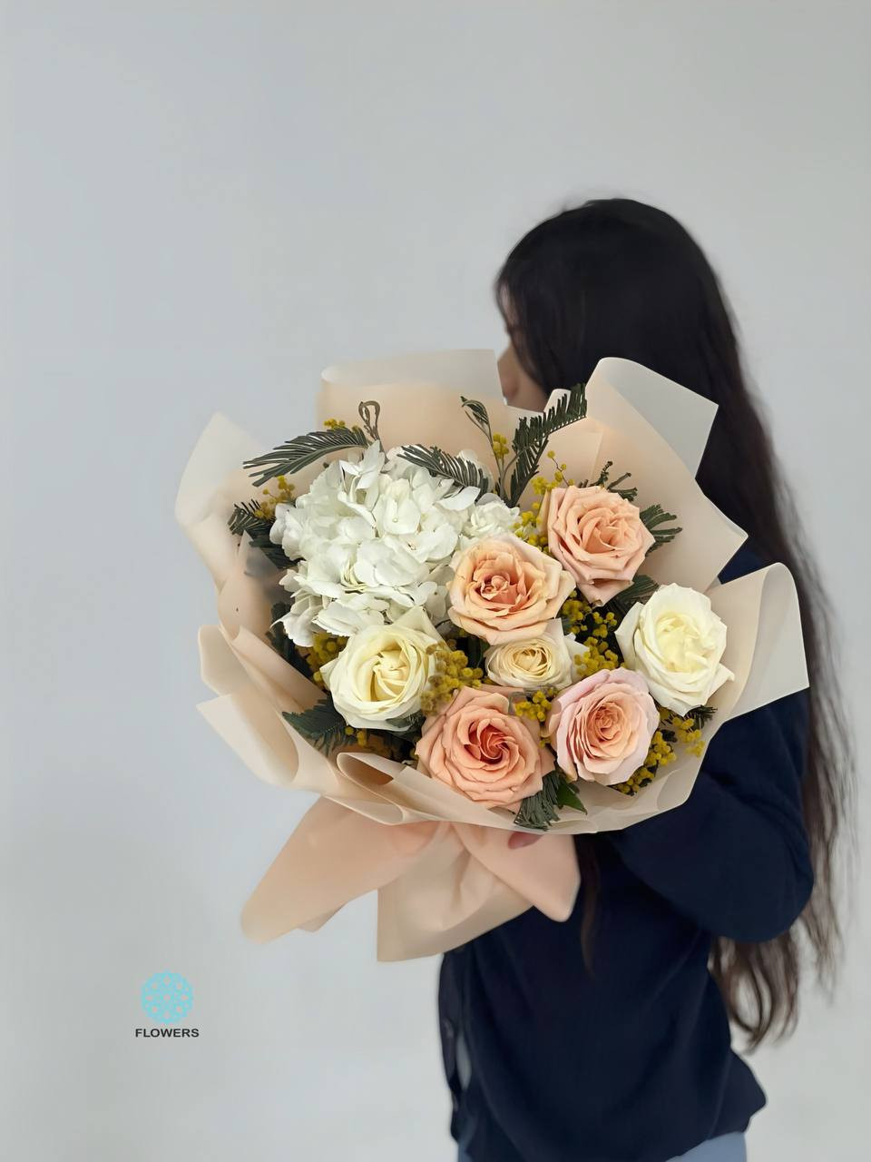 White & Peach Rose Hydrangea Bouquet