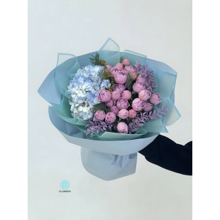 Blue Hydrangeas with Purple Roses