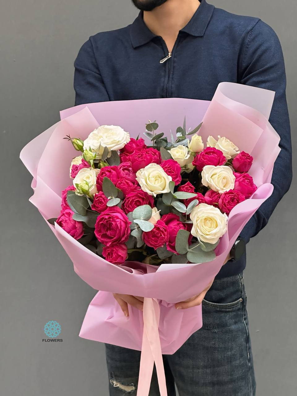 Red and White Flowers in Pink Bouquet