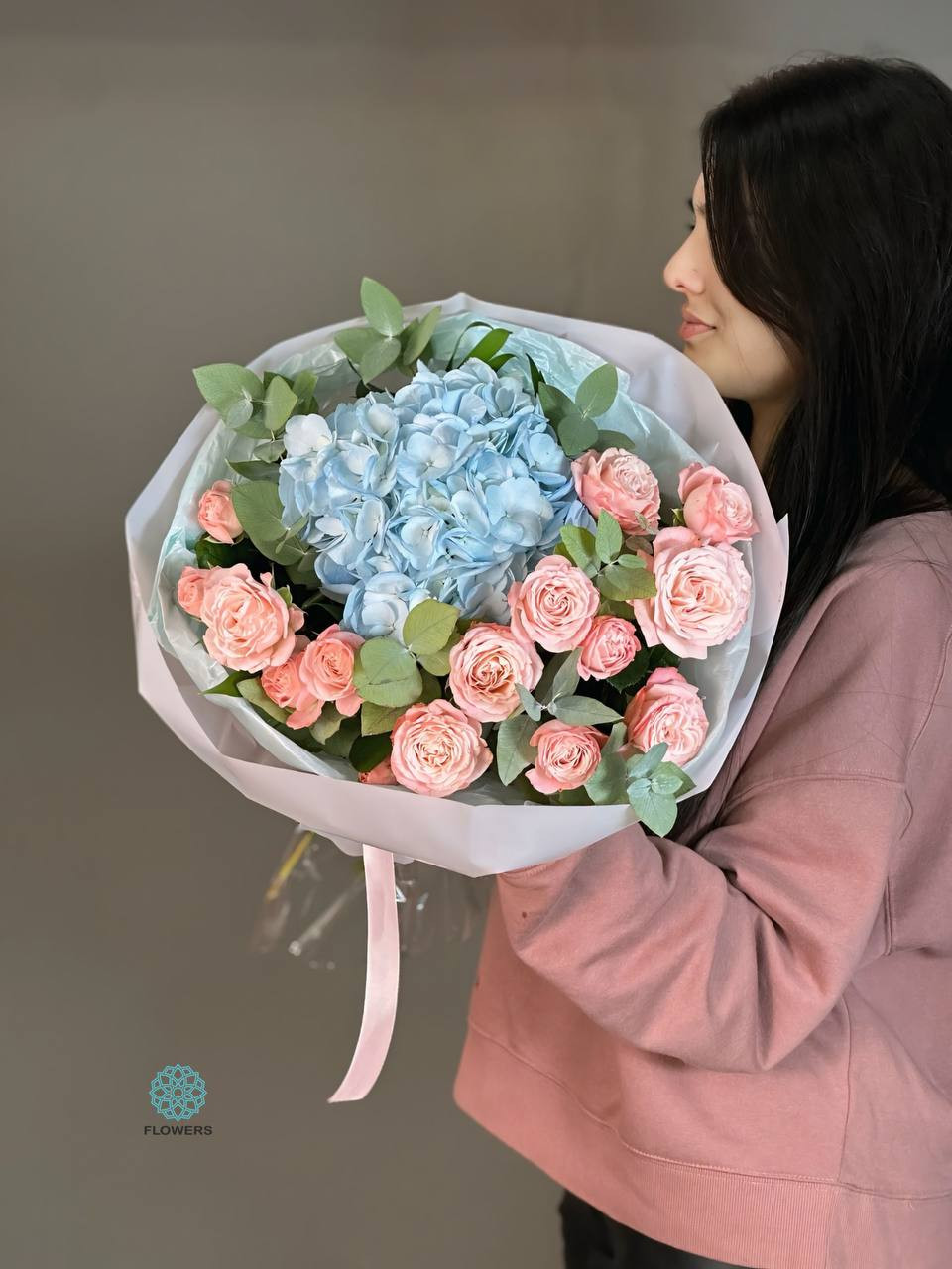 Blue Hydrangeas and Spray Roses 