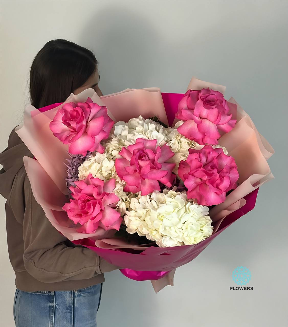 Large Roses with White Hydrangeas